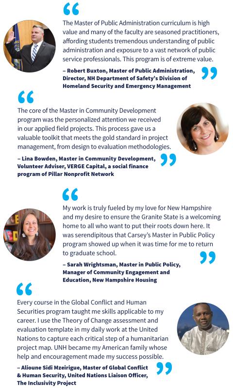 Testimonial quotes from Carsey alumni Robert Buxton, Lina Bowden, Sarah Wrightsman, and Alioune Sidi Mzeirigue