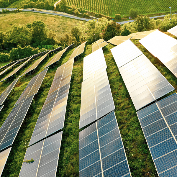 Photo showing solar panels set up on a green field.
