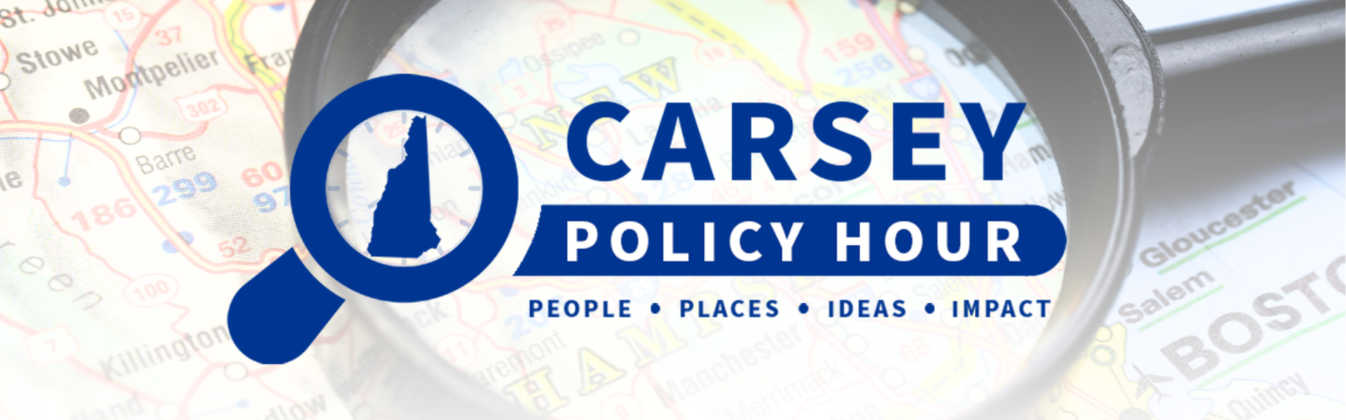 carsey policy hour logo over image of magnifying glass on map of new hampshire