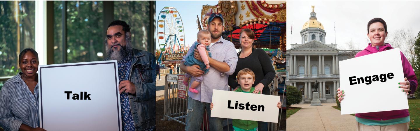 collage of three photos with people holding signs saying Talk, Listen and Engage