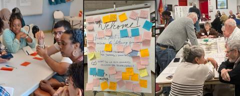 collage showing two community meetings and a easel with postit stickers showing notes from community members