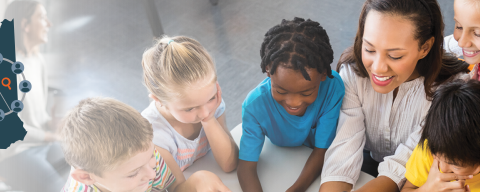 child care scene with adult and young children alongside NH ECE consortium logo