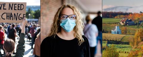 collage of protest, woman wearing face mask during covid, and rural NH setting