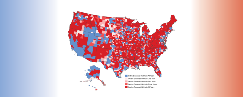 Banner showing map of united states depicting deaths exceeding births in U.S. counties