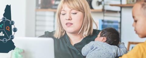 New Hampshire Early Care and Education Research Consortium logo alongside scene of Mom on laptop with two children