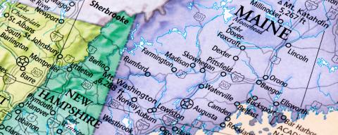 map of new england states of Maine, New Hampshire, and Vermont