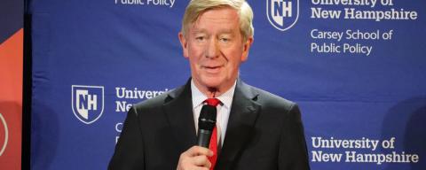 Bill Weld talking to the public from the Carsey School stage