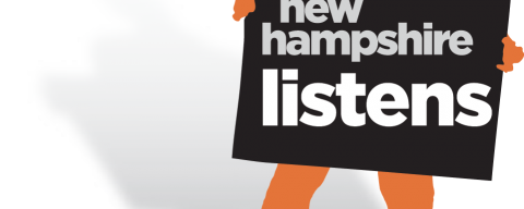 The NH Listens logo with the male holding the sign