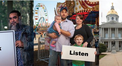 collage of three photos with people holding signs saying Talk, Listen and Engage