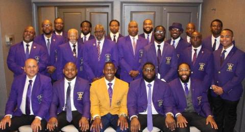 MPA alumni Derek Thompson '23G with Omega Psi Phi brothers