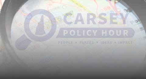 magnifying glass over map and Carsey Policy Hour logo