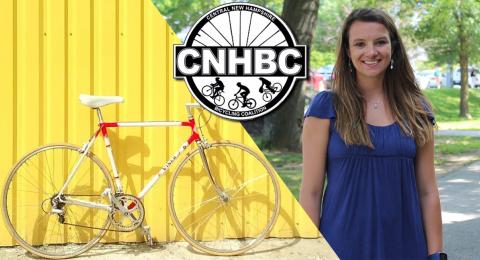 A photo of Sarah Nadeau, a Winant fellow, on the right. and a photo of a bicycle on the left.