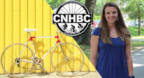 A photo of Sarah Nadeau, a Winant fellow, on the right. and a photo of a bicycle on the left.