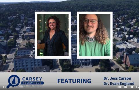 thumbnail of september carsey policy hour event video showing speakers jess carson and evan england