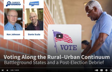 YouTube thumbnail image of November 2024 Carsey Policy hour video on Voting Along the Rural–Urban Continuum: Battleground States and a Post-Election Debrief with Dante Scala and Ken Johnson