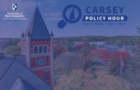 aerial view durham campus with Carsey Policy Hour logo