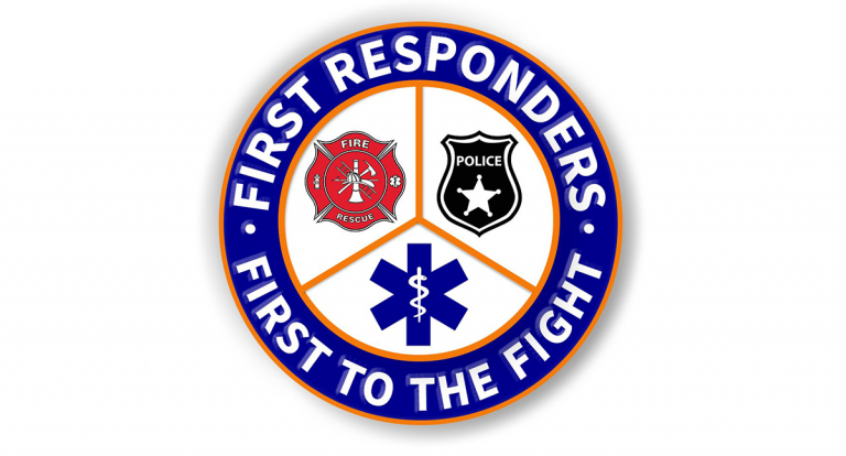 A logo that says First Responders First to the Fight with the symbols for police, fire, and emergency responders