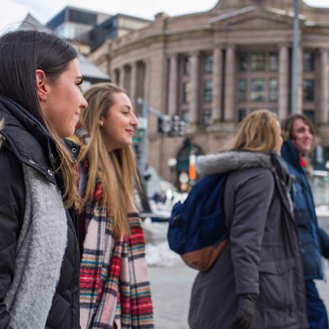 Semester in the City students walking through downtown Boston