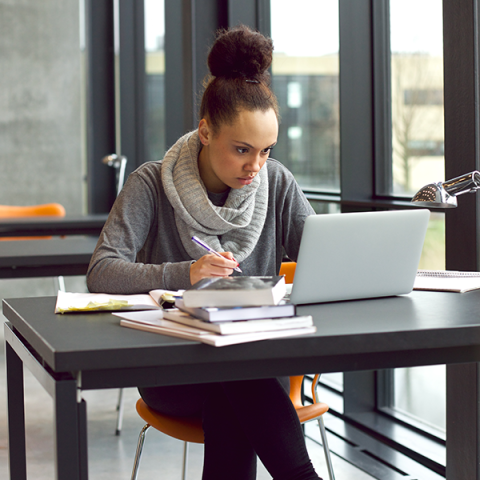 Woman sitting at a desk taking the Community Development Finance class online.