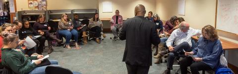 A NH Listens event taking place at Huddleston Hall.