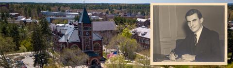 Photo of T-hall at UNH with an overlay of Gov. John G. Winant