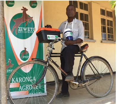 Ziweto’s lead farmers visit farms on bicycles marketing products and giving technical support.