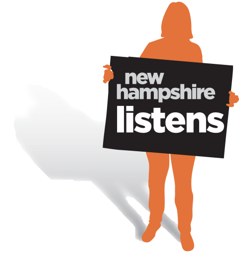 NH Listens log of woman holding sign.