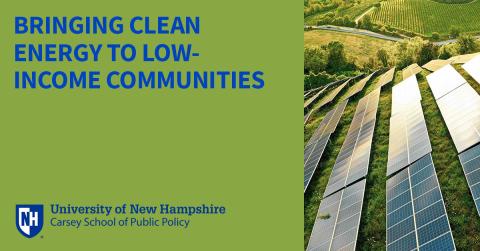 A graphic for the bringing clean energy to low-income communities event showing a solar array on the right side