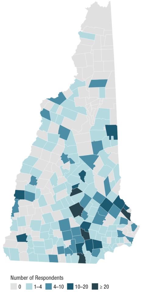 Map showing the number of survey respondents by municipality in New Hampshire. Higher numbers of respondents are generally found in towns with higher populations, such as Nashua, Concord, and Manchester. Across the state there are towns with 0 respondents