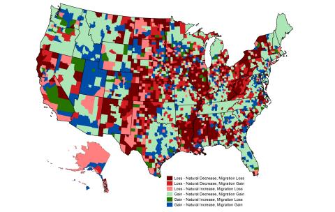 map of the united states with red, greens and blue colors indicating the extent of the county-level demographic change from 2020 to 2022