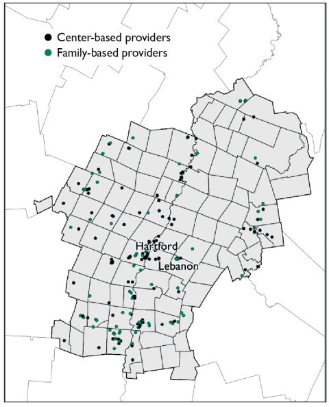 Figure 3. Regional map of Upper Valley center-based and family-based child care providers. The Vermont side has a more even spatial mix of provider types, while family-based providers are less well distributed on the New Hampshire side.