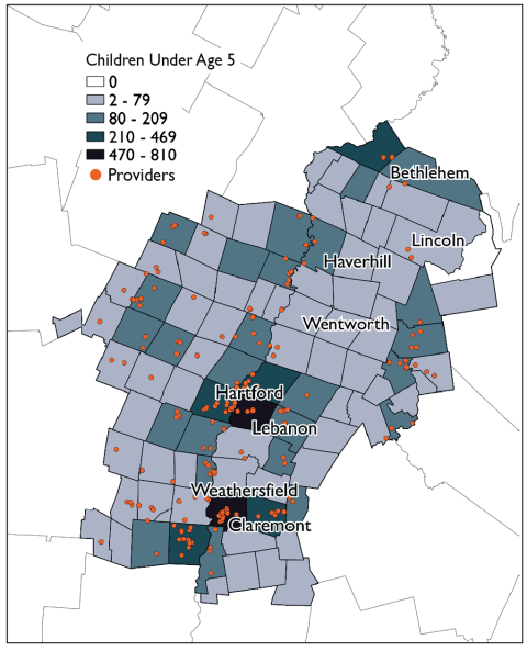 Figure 2. Regional map of Upper Valley child care providers and distribution of children under age 5. 