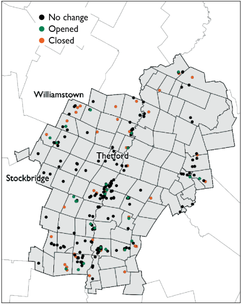 Figure 4. Regional map of child care providers by operating status (no change, opened, or closed). The northern and southern parts of the Upper Valley show more closures, while there was more stability across the center of the region. 