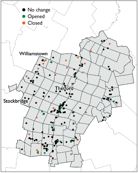Figure 4. Regional map of child care providers by operating status (no change, opened, or closed). The northern and southern parts of the Upper Valley show more closures, while there was more stability across the center of the region.