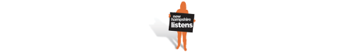 nh listens logo show cutout of woman in orange holding white sign