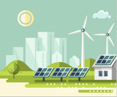 Graphic with solar panels, windmills, a house, and a city in the background.