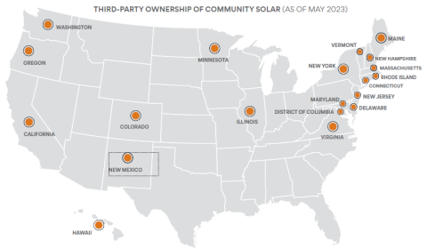 Map of US third-party ownership of community solar as of May 2023