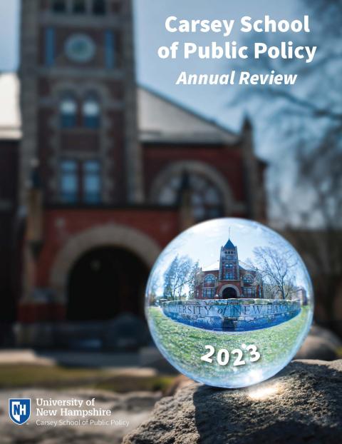 2023 carsey annual review cover page, photo of thompson hall unh