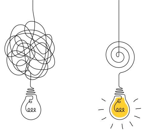 light bulb with chaotic string turning to light bulb with organized string and bright yellow bulb 