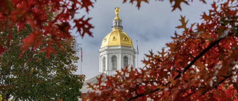 new hampshire state capital building through fall leaves