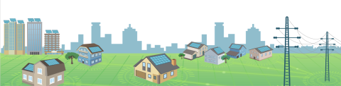 illustration of buildings with solar panels and electric power towers