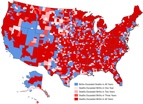 U.S. map showing number of years deaths exceeded births in a county from July 2020 to July 2024 by all four years, in three years, in two years, and in one year. 