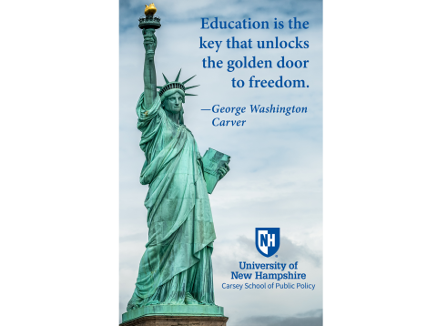 statue of liberty with quote by George Washington Carver,  education is th ekey that unlocks the golden door to freedom.