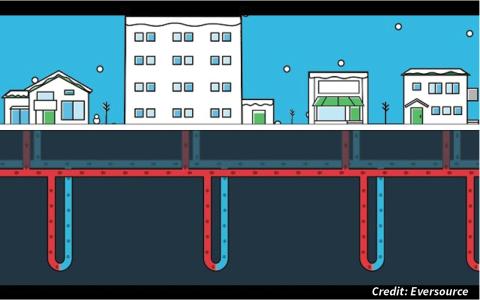 Eversource illustration showing houses with geothermal flow below ground