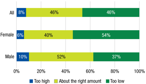 bar chart showing response of new hampshire workers by female, male, and all categories to the question is six weeks of paid familly and medical leave enough. Six percent of female, 10 percent of men, and 8 percent of all workers responded it is too high. Forty percent of female, 52 percent of male, and 46% percent of all workers responded it is about the right amount. Fifty four percent of female, 37 percent of male, and 46% percent of all workers responded it is too low. 