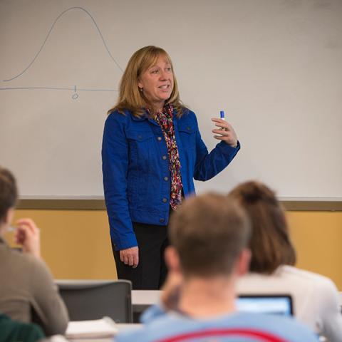 A faculty member wearing a blue shirt and teaching a class at the Carsey School.