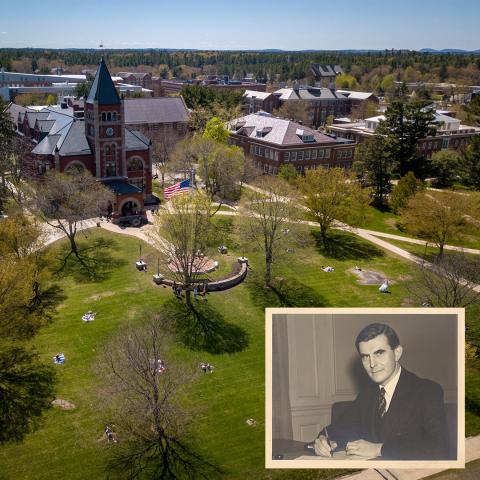 Photo of Gov. Winant overlaid on image of Thompson Hall.