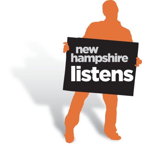 NH Listens logo, male holding sign