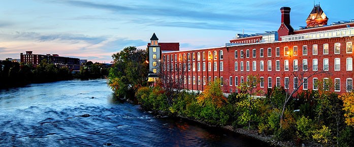 The mills along the Merrimack River in Manchester, NH, for the What is New Hampshire? report.