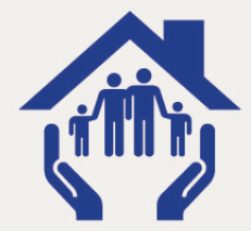 Icon of the roof of a house and a family inside with two hands holding it up. 